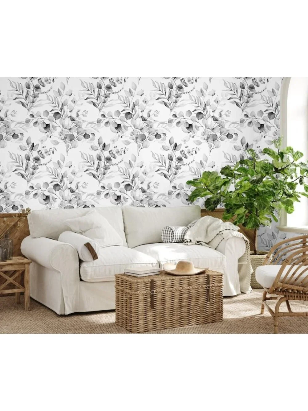 Peel and Stick Black White Wallpaper Mural | Botanical Eucalyptus Leaf Design